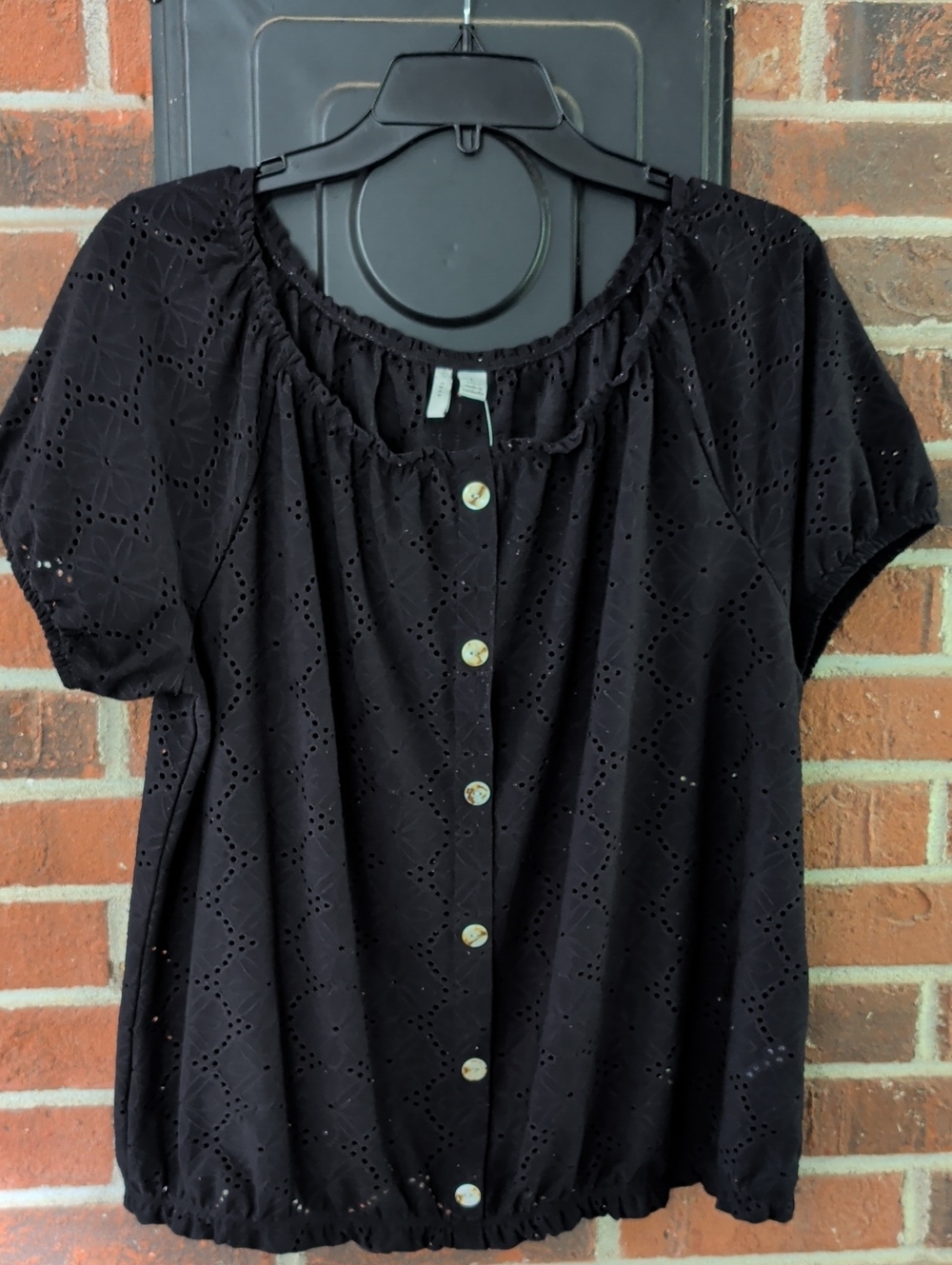 Cato Black Eyelet Button-Front Top Size L